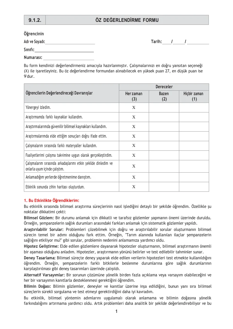 9.Sınıf 1.Tema 2.Etkinlik Öz Değerlendirme Formu (Çözümlü) — ilk sayfa önizlemesi