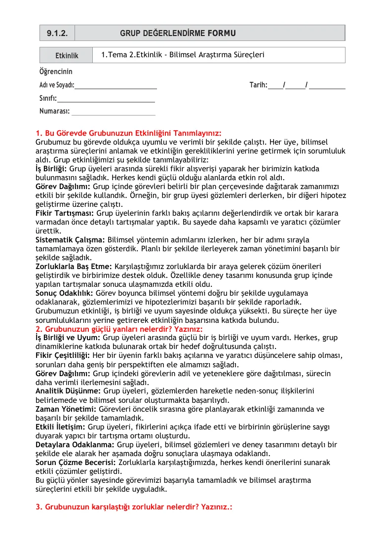 9.Sınıf 1.Tema 2.Etkinlik Grup Değerlendirme Formu (Çözümlü) — ilk sayfa önizlemesi