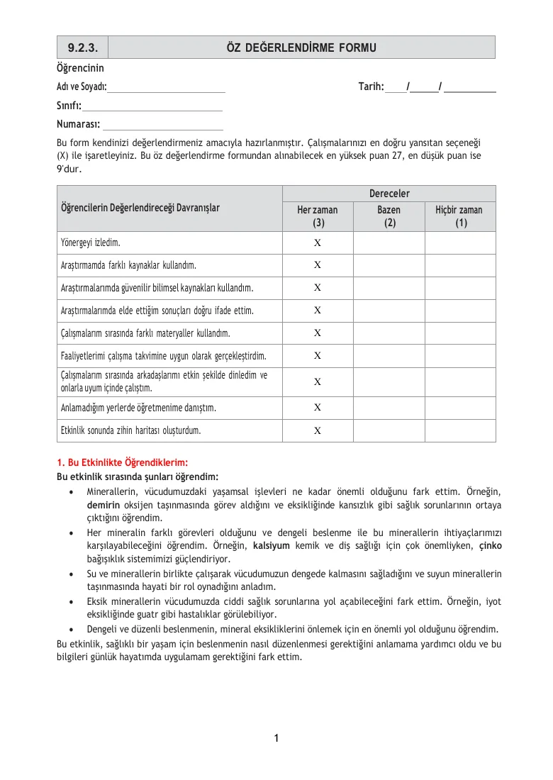 9.Sınıf 2.Tema 3.Etkinlik Öz Değerlendirme Formu (Çözümlü) — ilk sayfa önizlemesi
