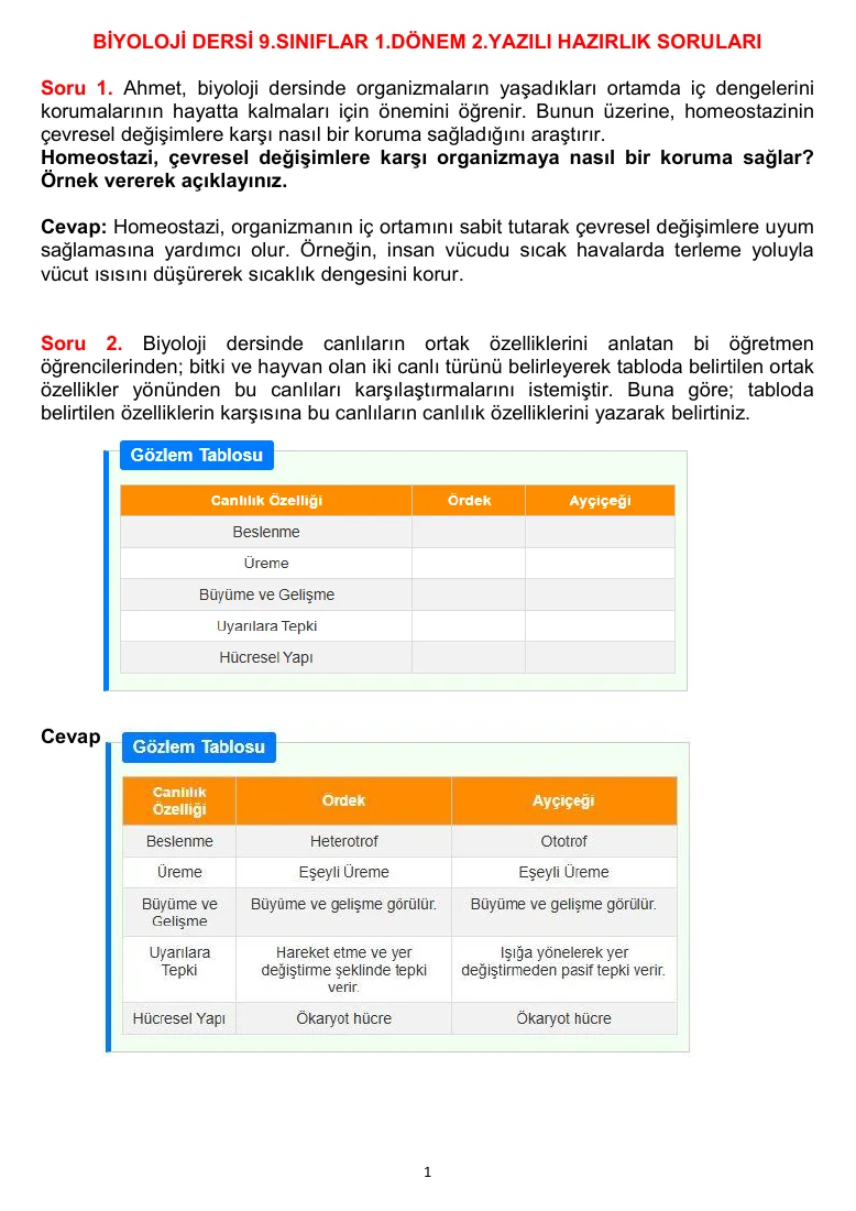 9.Sınıf Biyoloji Dersi 1.Dönem 2.Yazılı Açık Uçlu Yazılı Hazırlık Soru Örnekleri — ilk sayfa önizlemesi