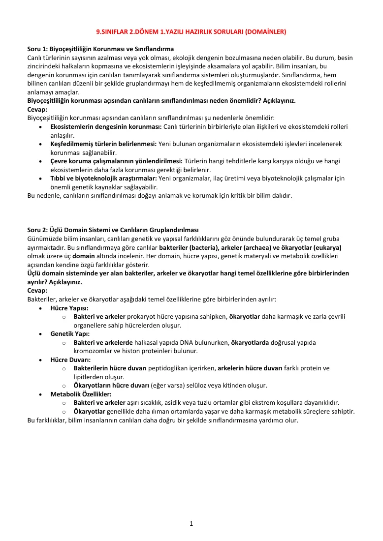 9.Sınıf Biyoloji Dersi 2.Dönem 1.Yazılı Açık Uçlu Yazılı Hazırlık Soru Örnekleri-1 — ilk sayfa önizlemesi