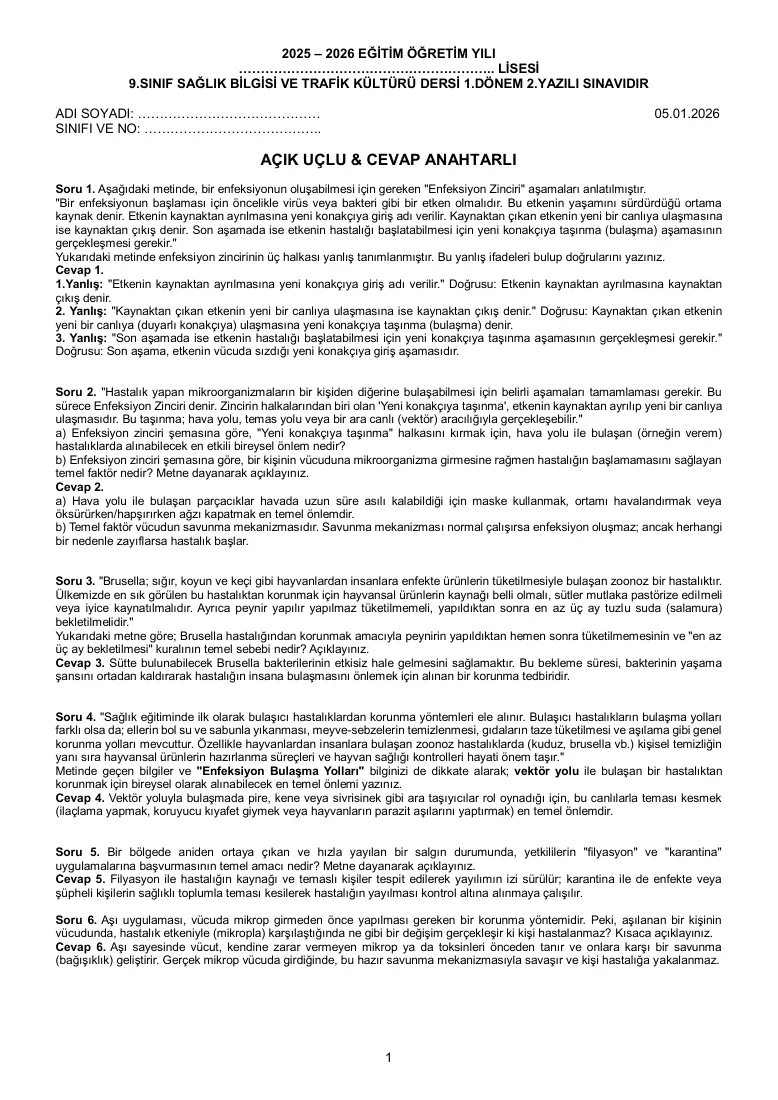 2025 - 2026 Eğitim Öğretim Yılı 9.Sınıf Sağlık Bilgisi 1.Dönem 2.Yazılı Soruları — ilk sayfa önizlemesi