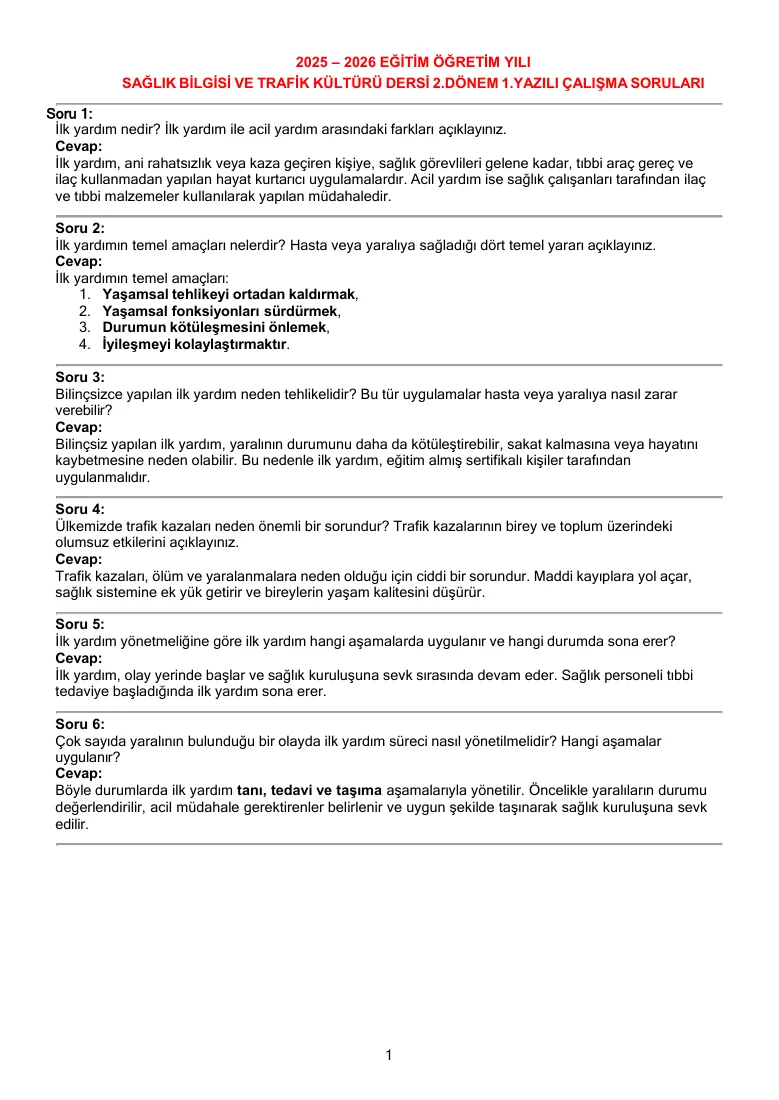 2025 - 2026 Eğitim Öğretim Yılı Sağlık Bilgisi ve Trafik Kültürü 2.Dönem 1.Yazılı Açık Uçlu Soru Örnekleri — ilk sayfa önizlemesi