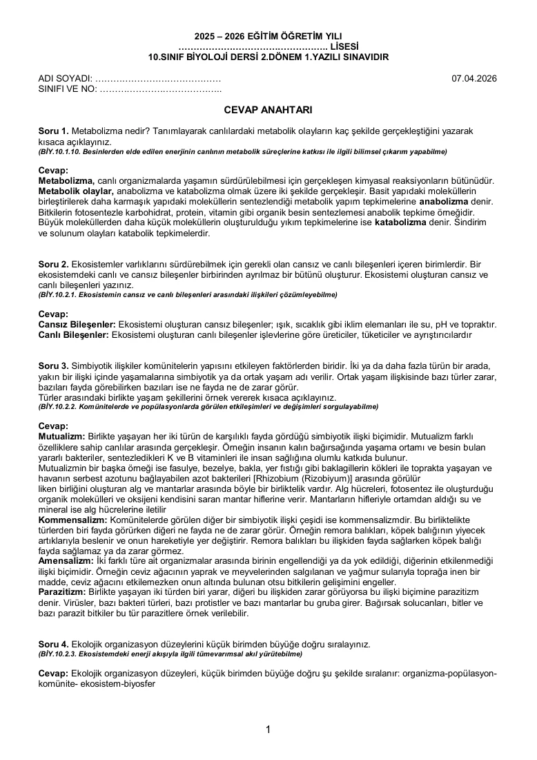 2025 - 2026 Eğitim Öğretim Yılı Biyoloji Dersi 2.Dönem 1.Yazılı Açık Uçlu Sınavı — ilk sayfa önizlemesi
