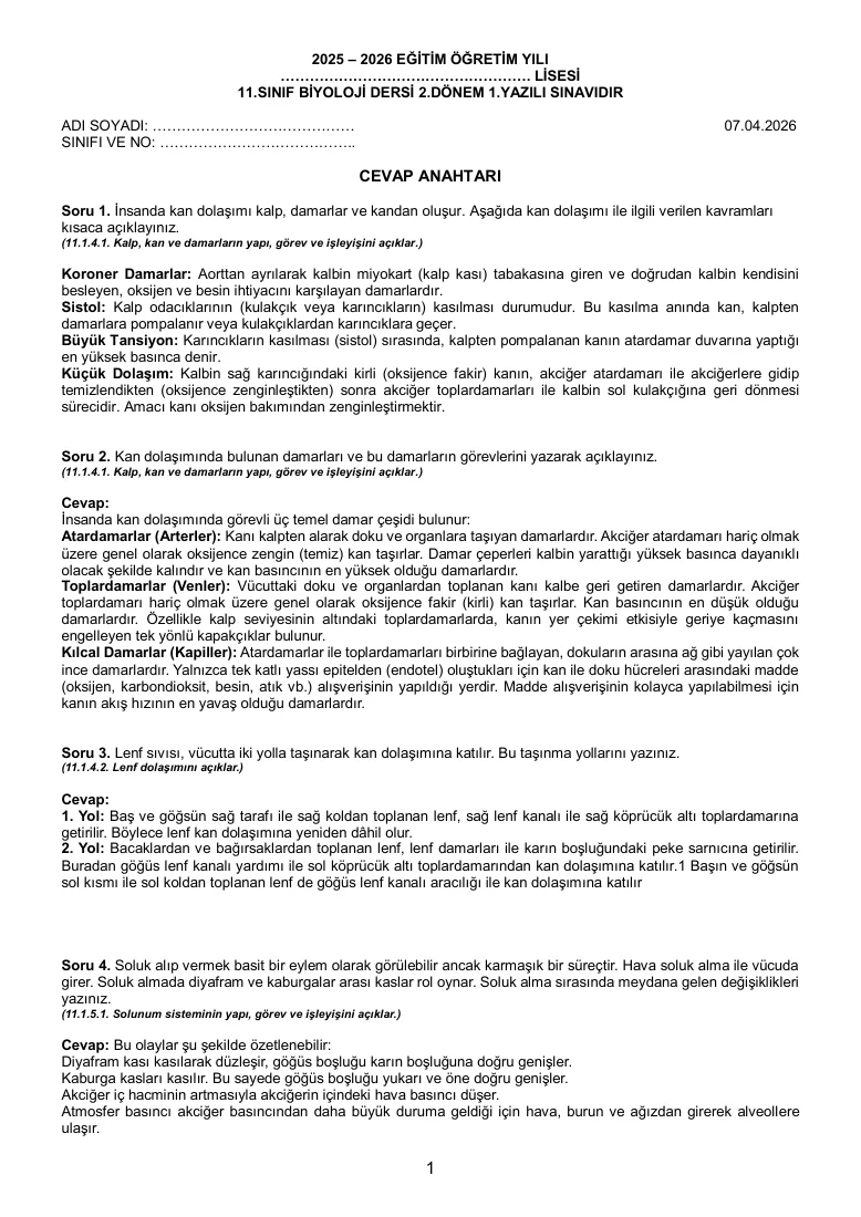 2025 - 2026 Eğitim Öğretim Yılı Biyoloji Dersi 2.Dönem 1.Yazılı Açık Uçlu Sınavı — ilk sayfa önizlemesi