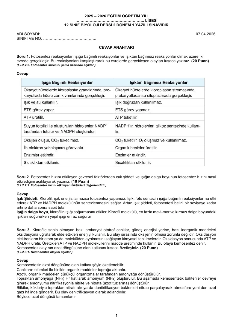 2025 - 2026 Eğitim Öğretim Yılı Biyoloji Dersi 2.Dönem 1.Yazılı Açık Uçlu Sınavı — ilk sayfa önizlemesi
