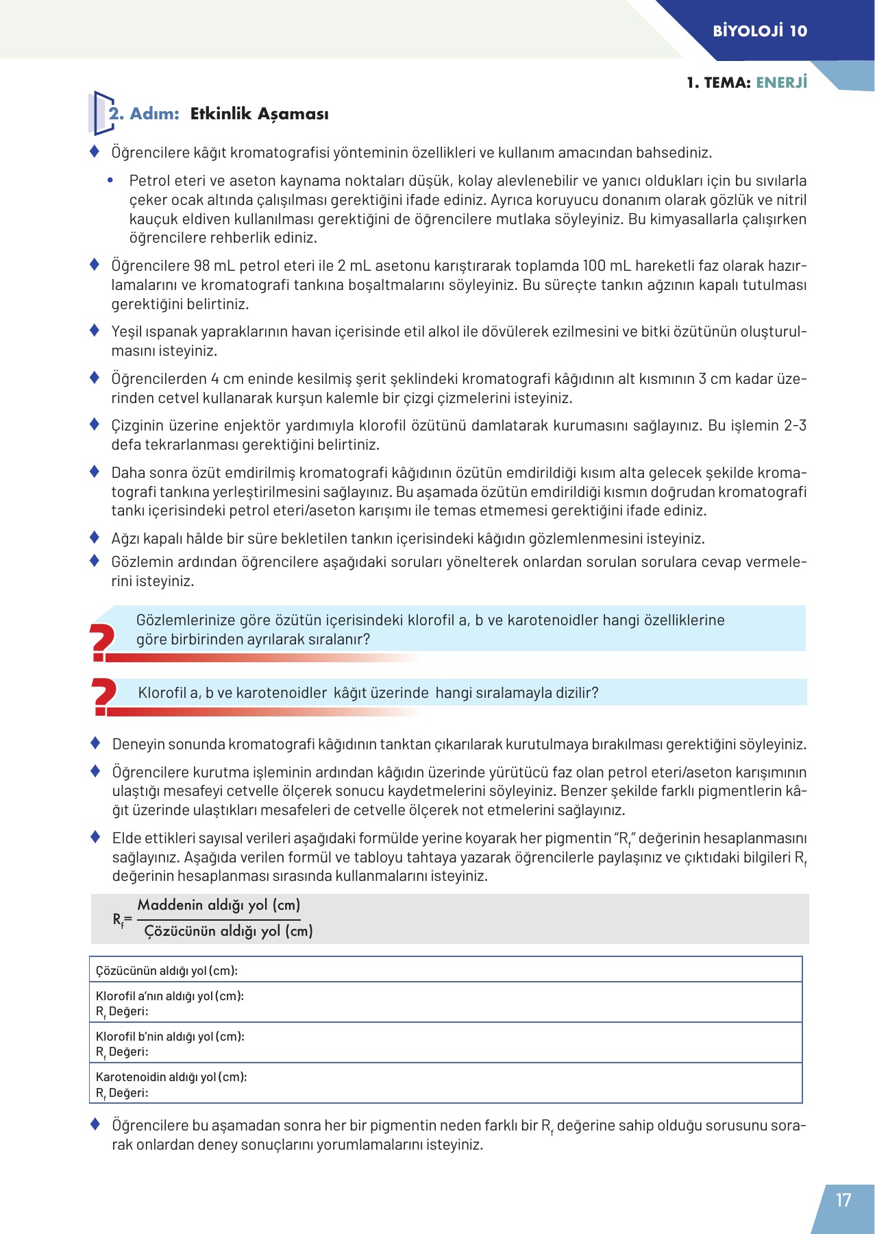 Bitkilerde Bulunan Farklı Pigmentlerin Tespiti · 2. etkinlik · soru ve yönerge sayfası 17